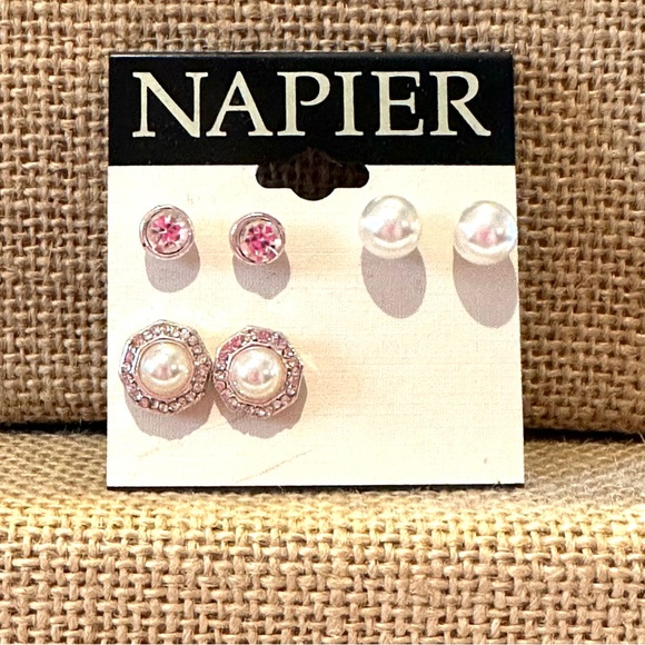 NWT Napier Earrings- set of 3 pairs- silver tone, clear rhinestones, faux pearls - Picture 3 of 8